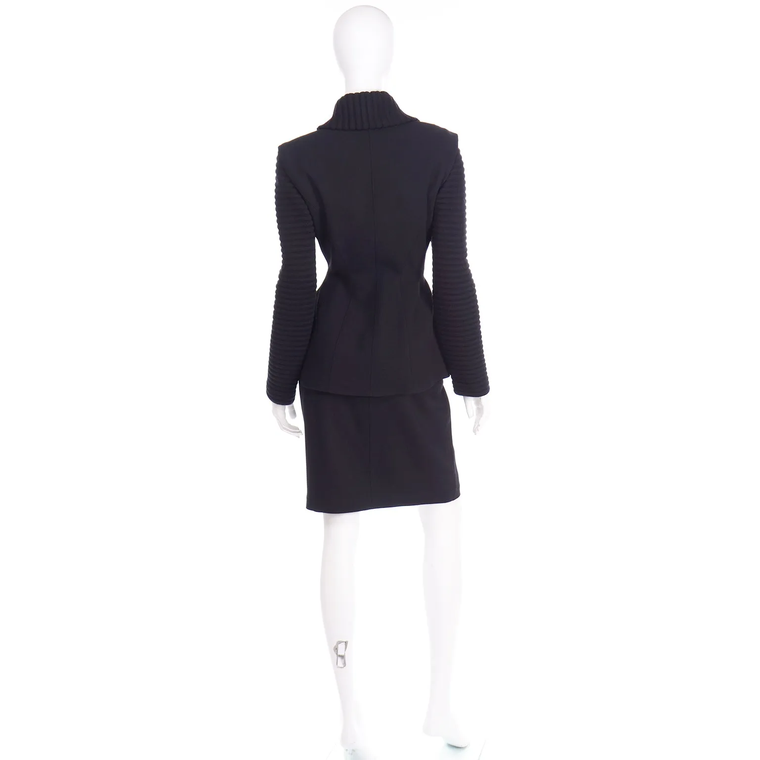 2 Piece Thierry Mugler Black Ribbed Vintage Skirt and Blazer Suit