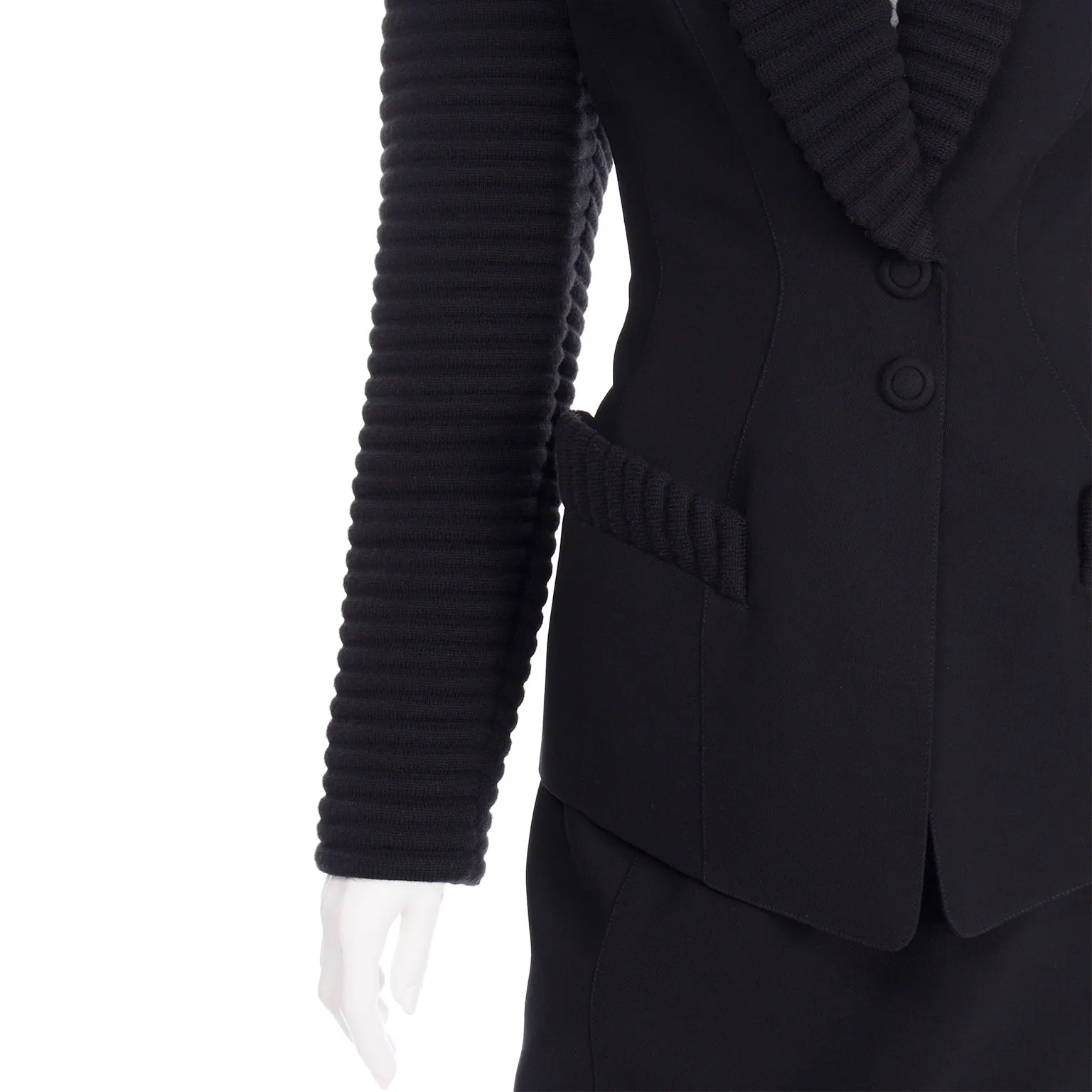 2 Piece Thierry Mugler Black Ribbed Vintage Skirt and Blazer Suit