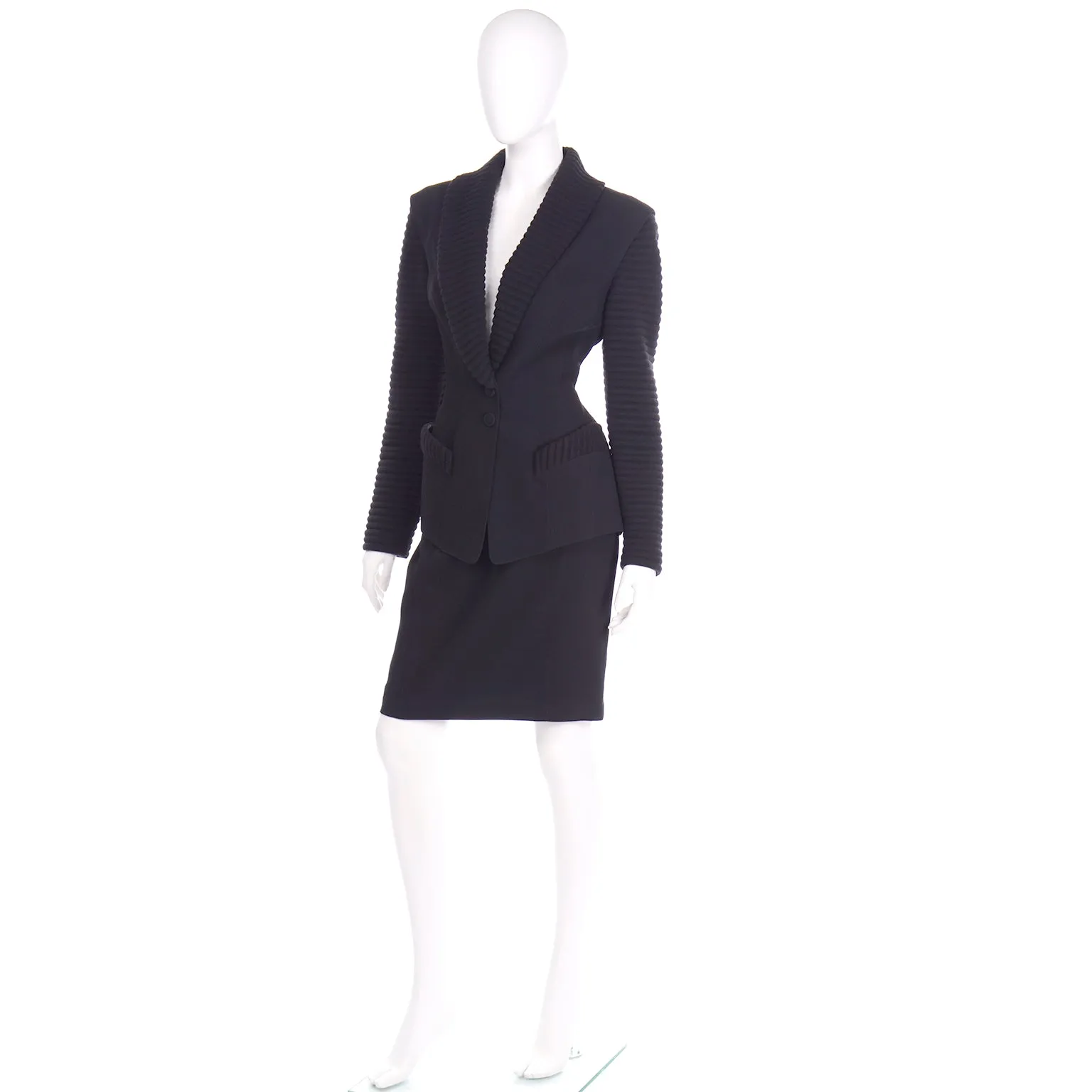 2 Piece Thierry Mugler Black Ribbed Vintage Skirt and Blazer Suit