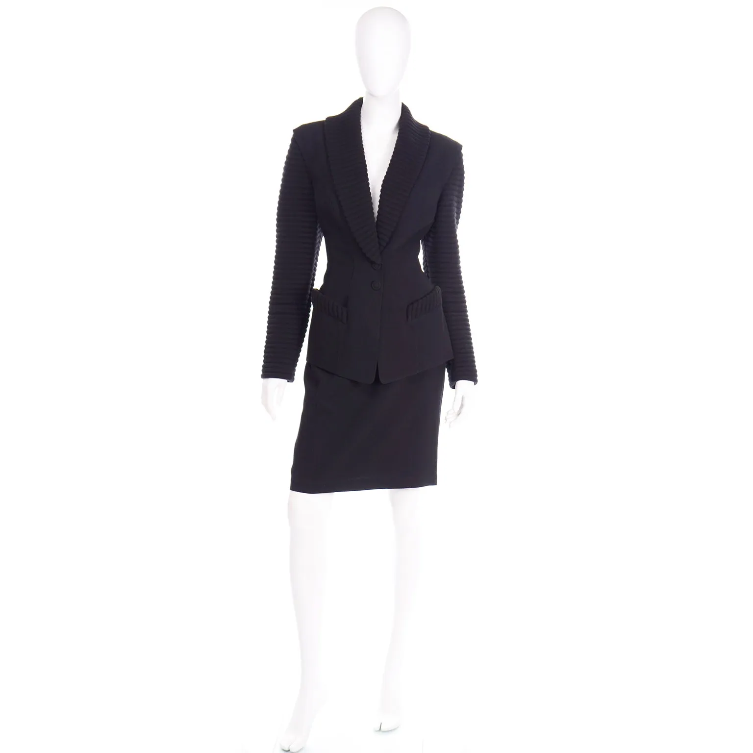 2 Piece Thierry Mugler Black Ribbed Vintage Skirt and Blazer Suit