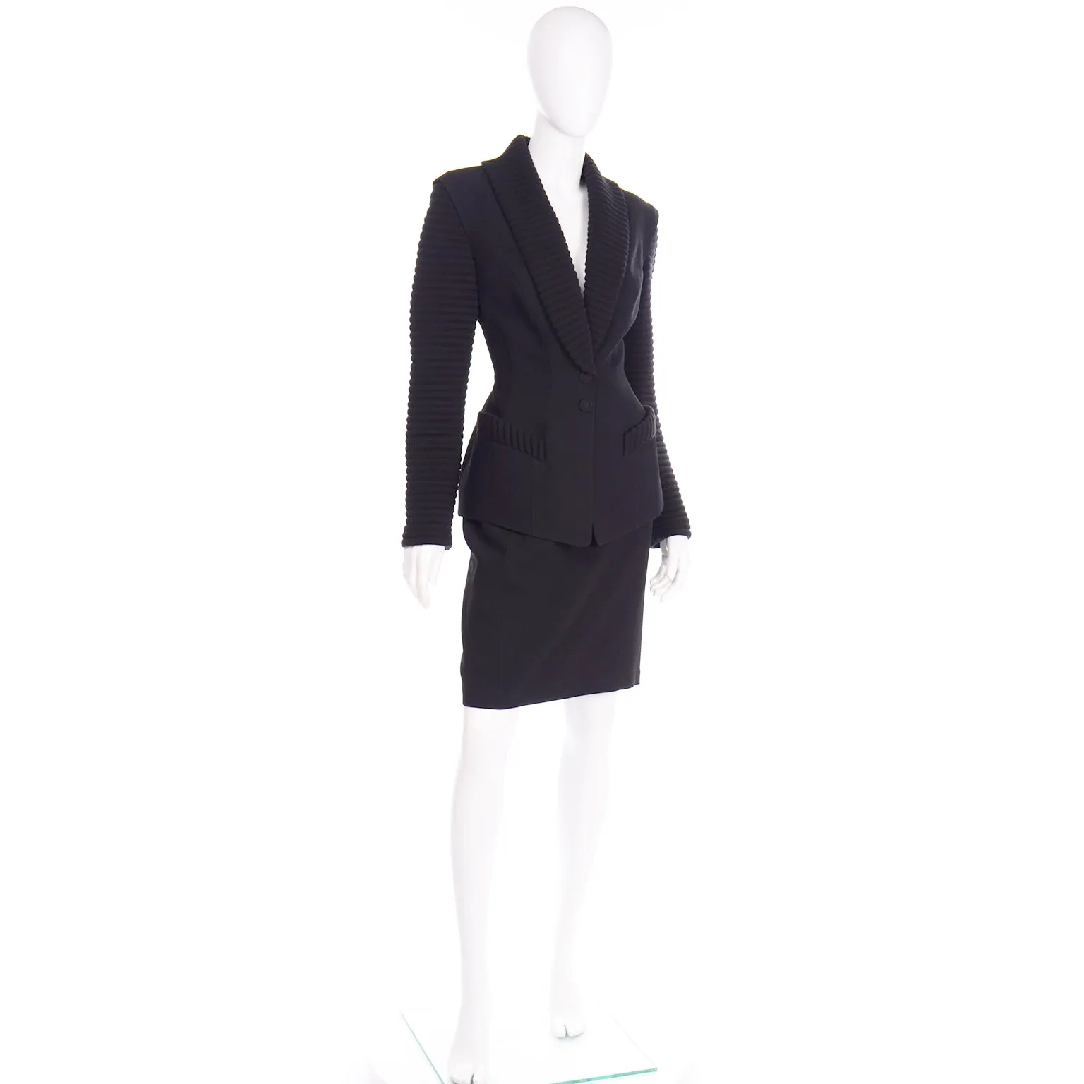 2 Piece Thierry Mugler Black Ribbed Vintage Skirt and Blazer Suit