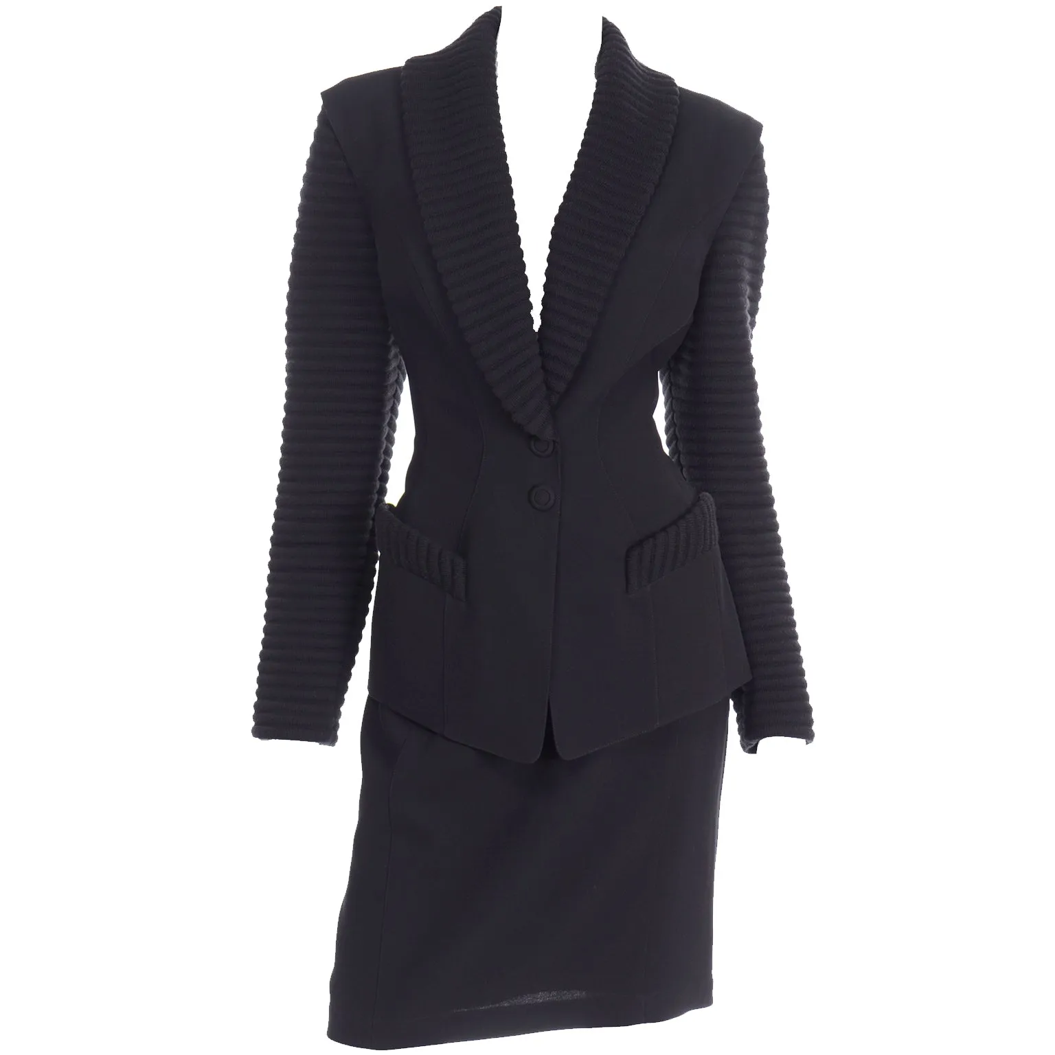 2 Piece Thierry Mugler Black Ribbed Vintage Skirt and Blazer Suit