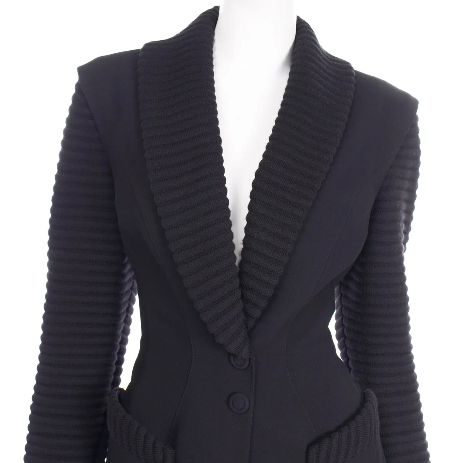 2 Piece Thierry Mugler Black Ribbed Vintage Skirt and Blazer Suit