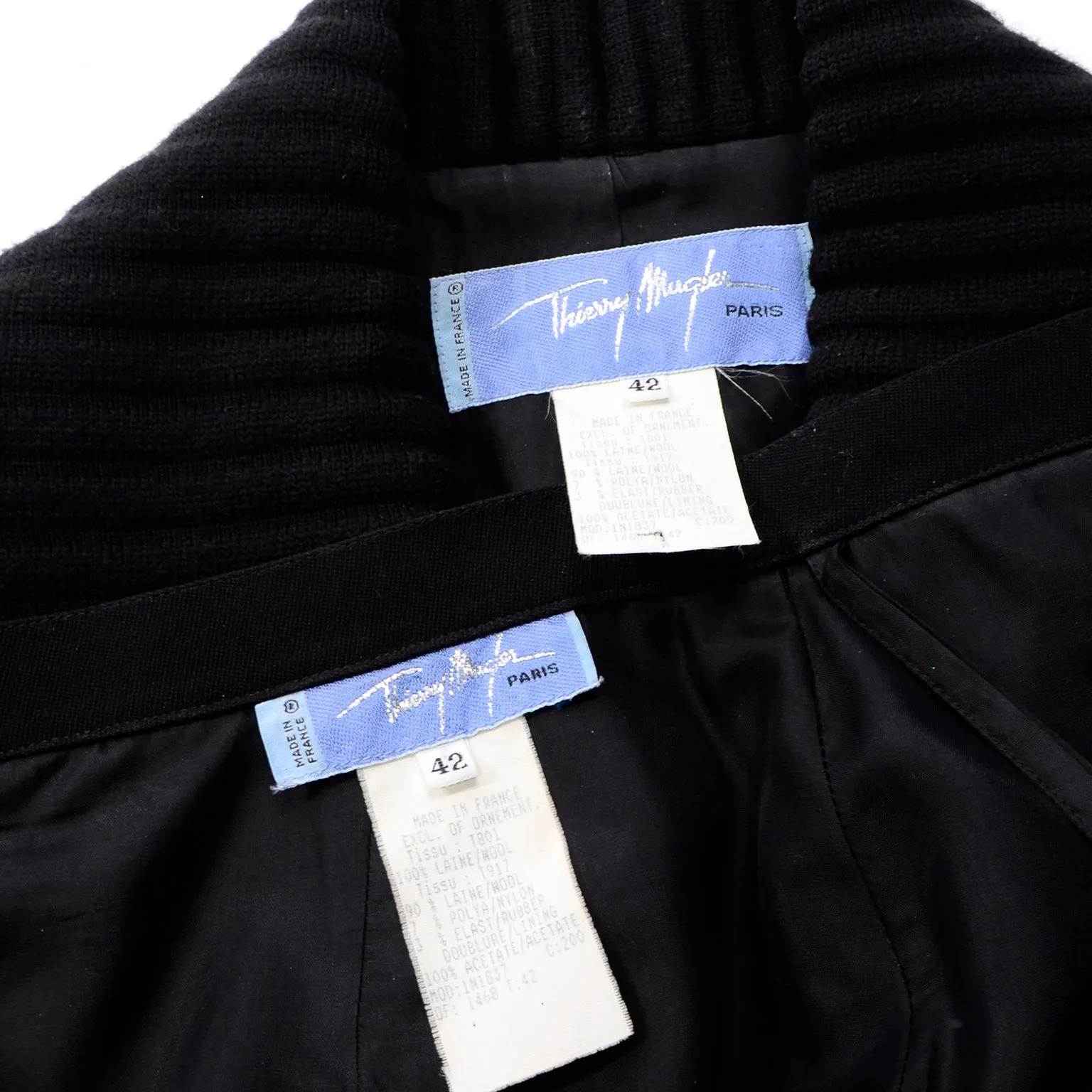 2 Piece Thierry Mugler Black Ribbed Vintage Skirt and Blazer Suit
