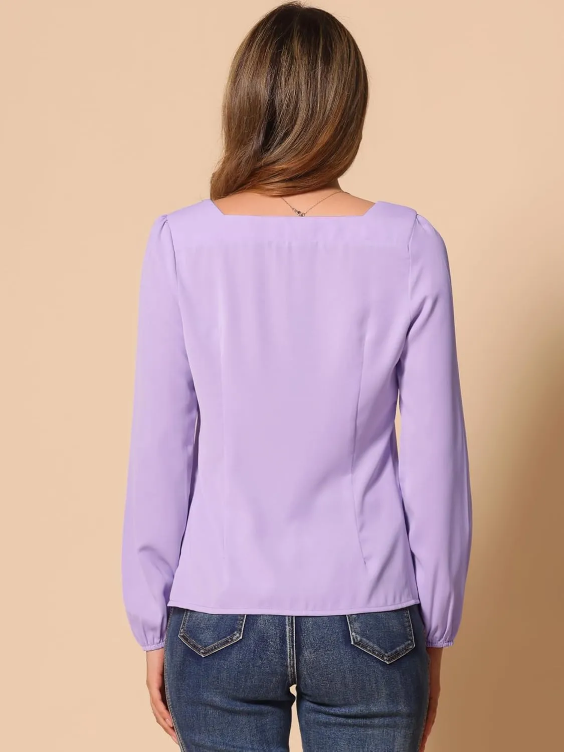 Allegra K Women's Square Neck Casual Solid Long Sleeve Tops