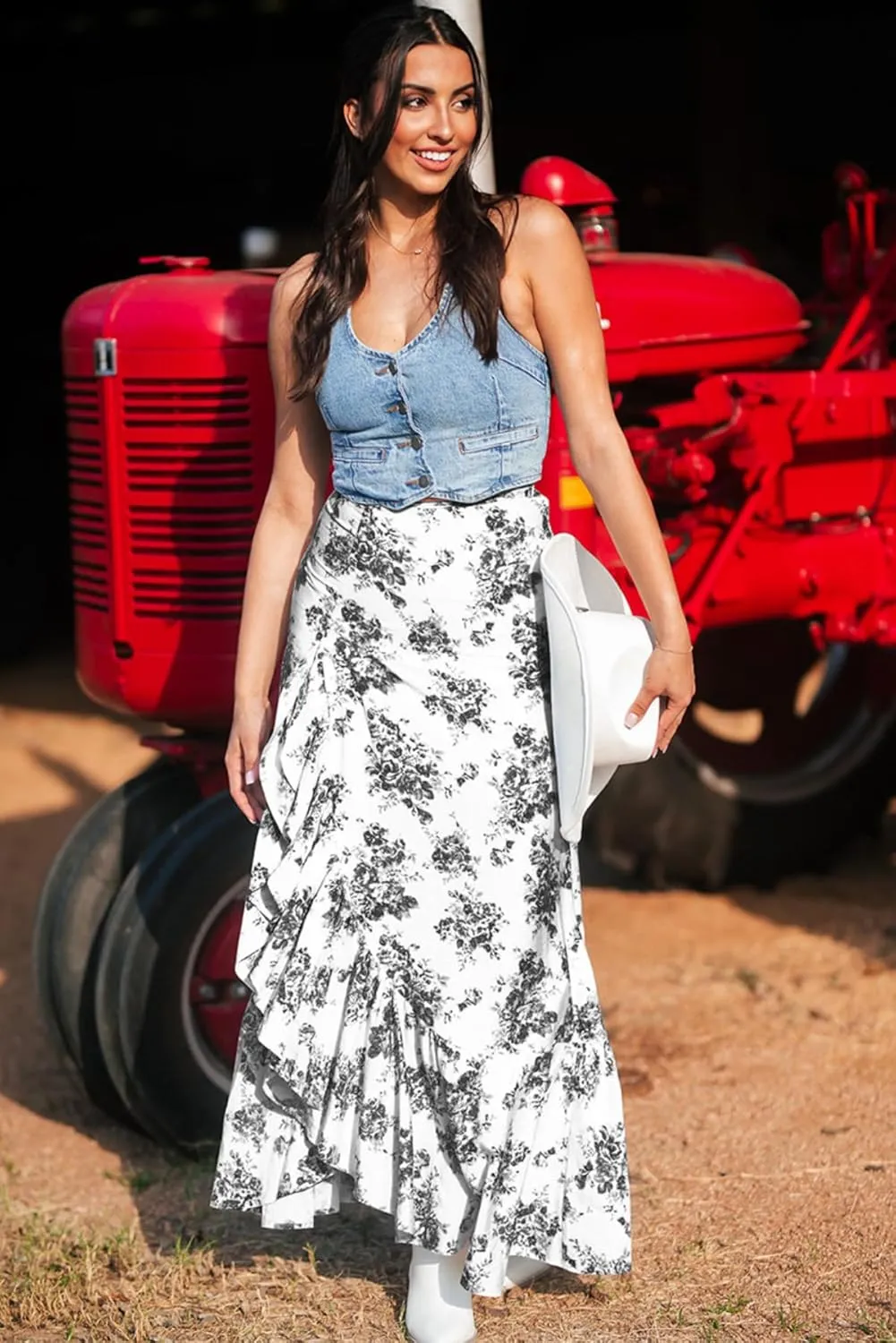 Apvirdy Women's Boho Floral High Waist Ruffle Split Maxi Skirts Printed Slim Fit Summer Flowy Long Skirt