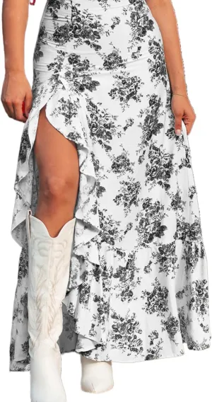 Apvirdy Women's Boho Floral High Waist Ruffle Split Maxi Skirts Printed Slim Fit Summer Flowy Long Skirt