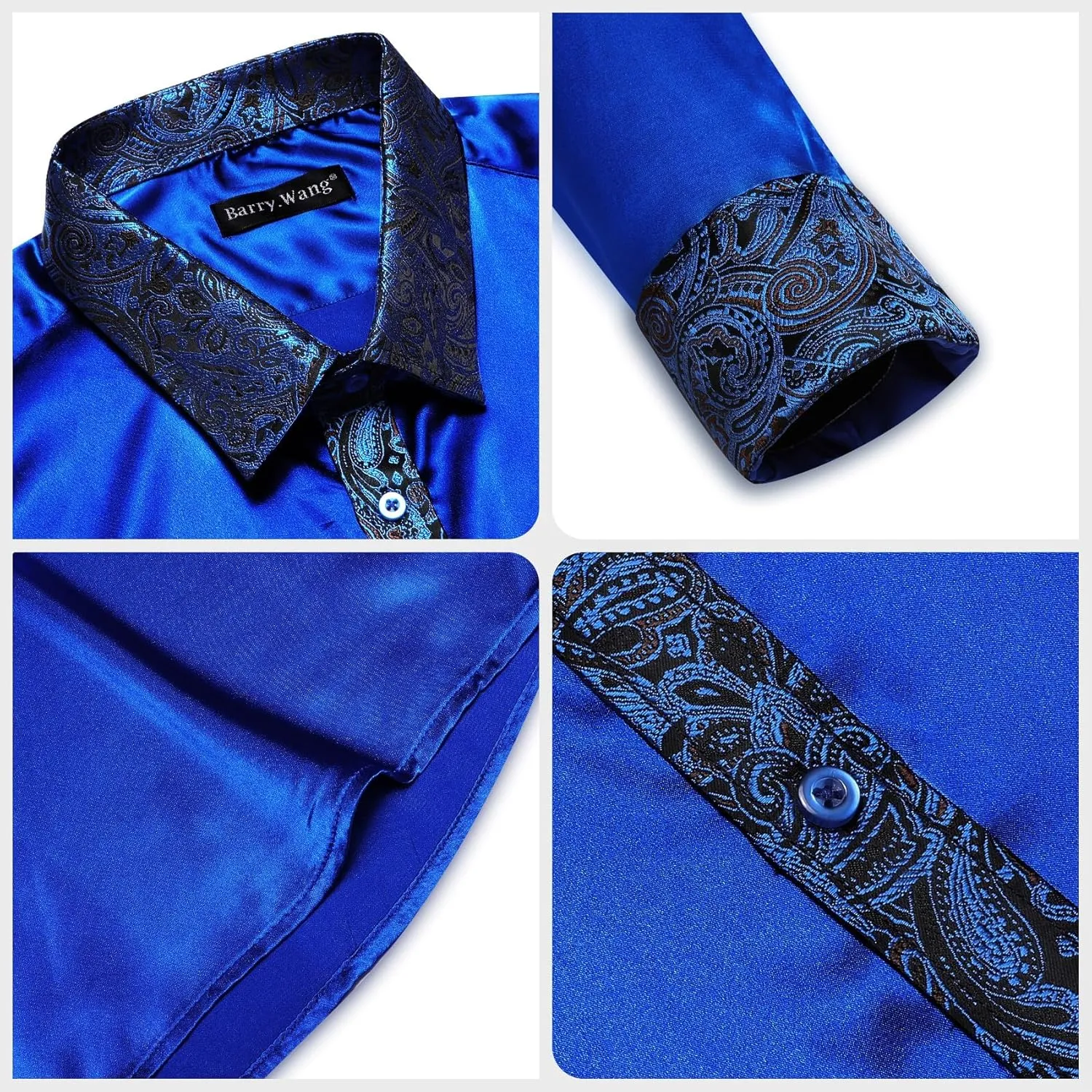 Barry.Wang Mens Satin Silk Shirts Long Sleeve Designer Dress Shirt Shiny Untucked Casual Button Down Shirt Party Disco Formal