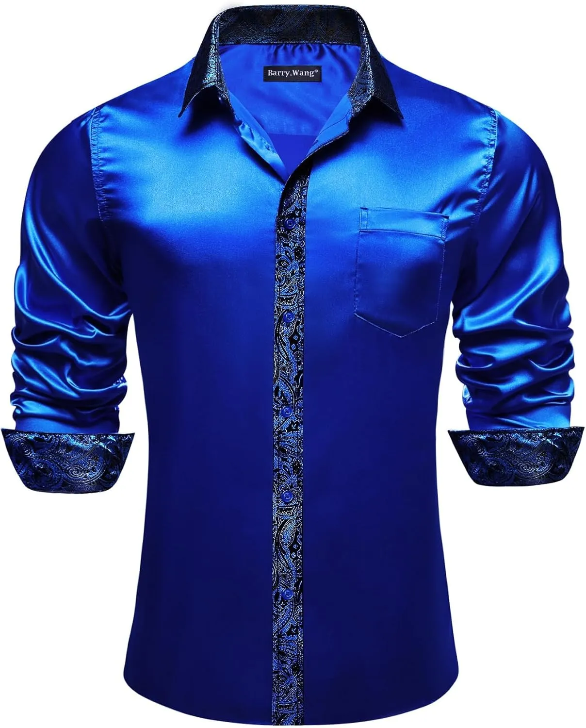 Barry.Wang Mens Satin Silk Shirts Long Sleeve Designer Dress Shirt Shiny Untucked Casual Button Down Shirt Party Disco Formal