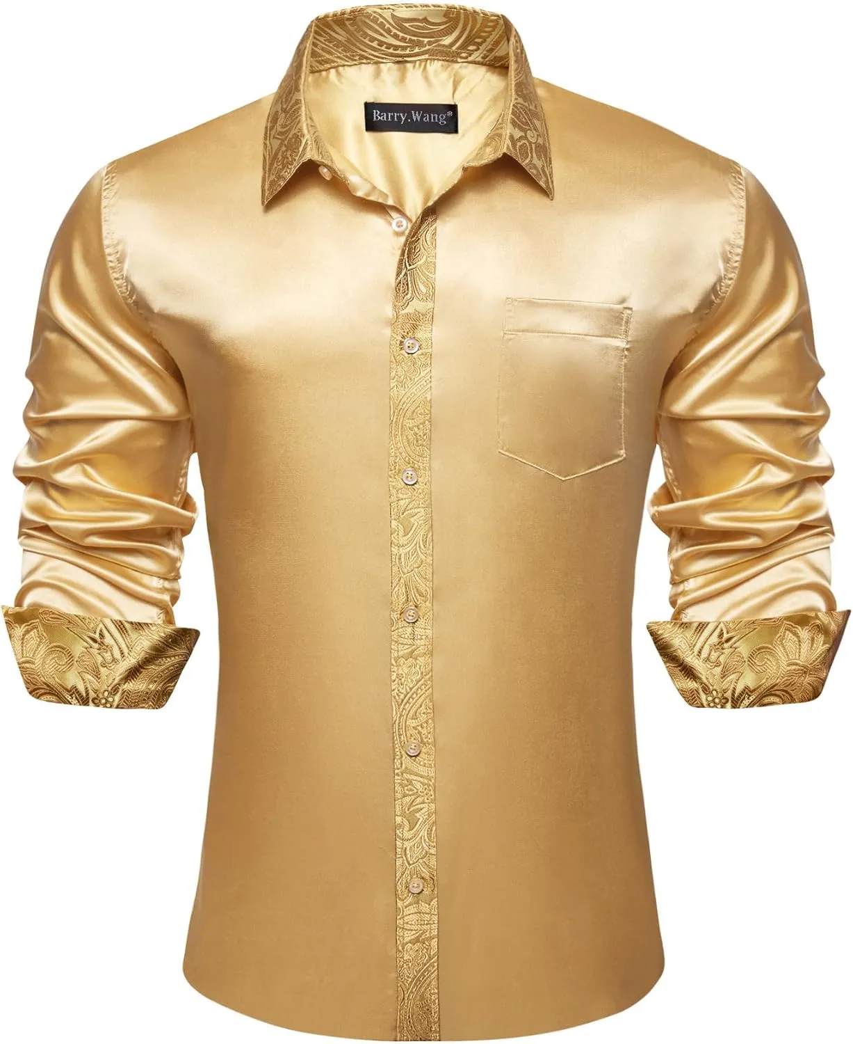 Barry.Wang Mens Satin Silk Shirts Long Sleeve Designer Dress Shirt Shiny Untucked Casual Button Down Shirt Party Disco Formal