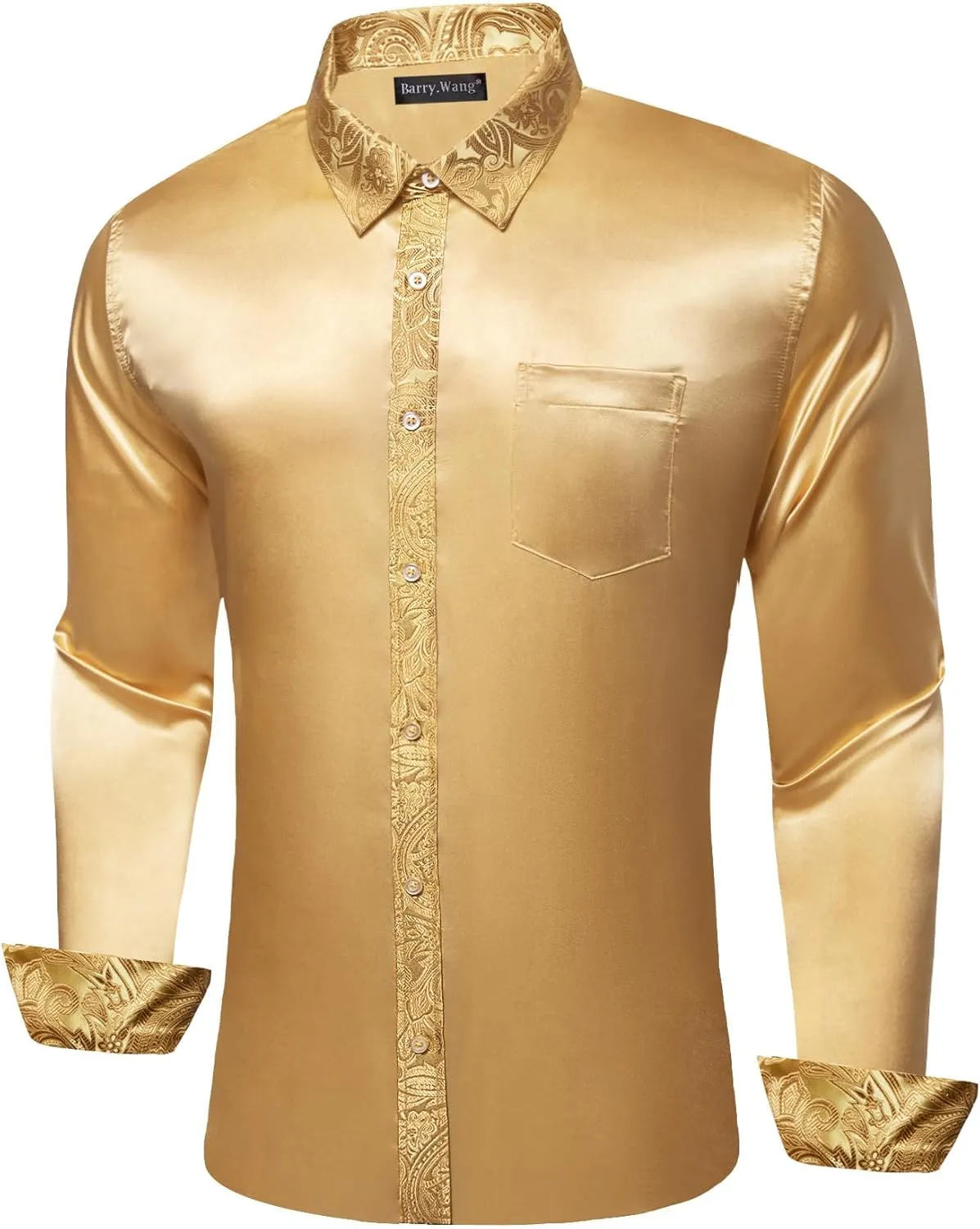 Barry.Wang Mens Satin Silk Shirts Long Sleeve Designer Dress Shirt Shiny Untucked Casual Button Down Shirt Party Disco Formal