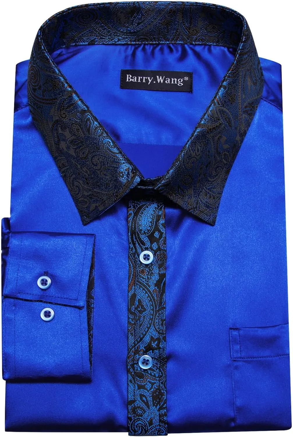 Barry.Wang Mens Satin Silk Shirts Long Sleeve Designer Dress Shirt Shiny Untucked Casual Button Down Shirt Party Disco Formal