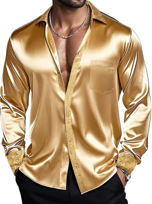 Barry.Wang Mens Satin Silk Shirts Long Sleeve Designer Dress Shirt Shiny Untucked Casual Button Down Shirt Party Disco Formal