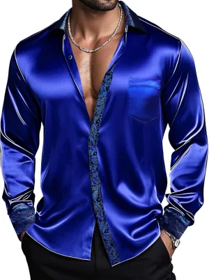 Barry.Wang Mens Satin Silk Shirts Long Sleeve Designer Dress Shirt Shiny Untucked Casual Button Down Shirt Party Disco Formal