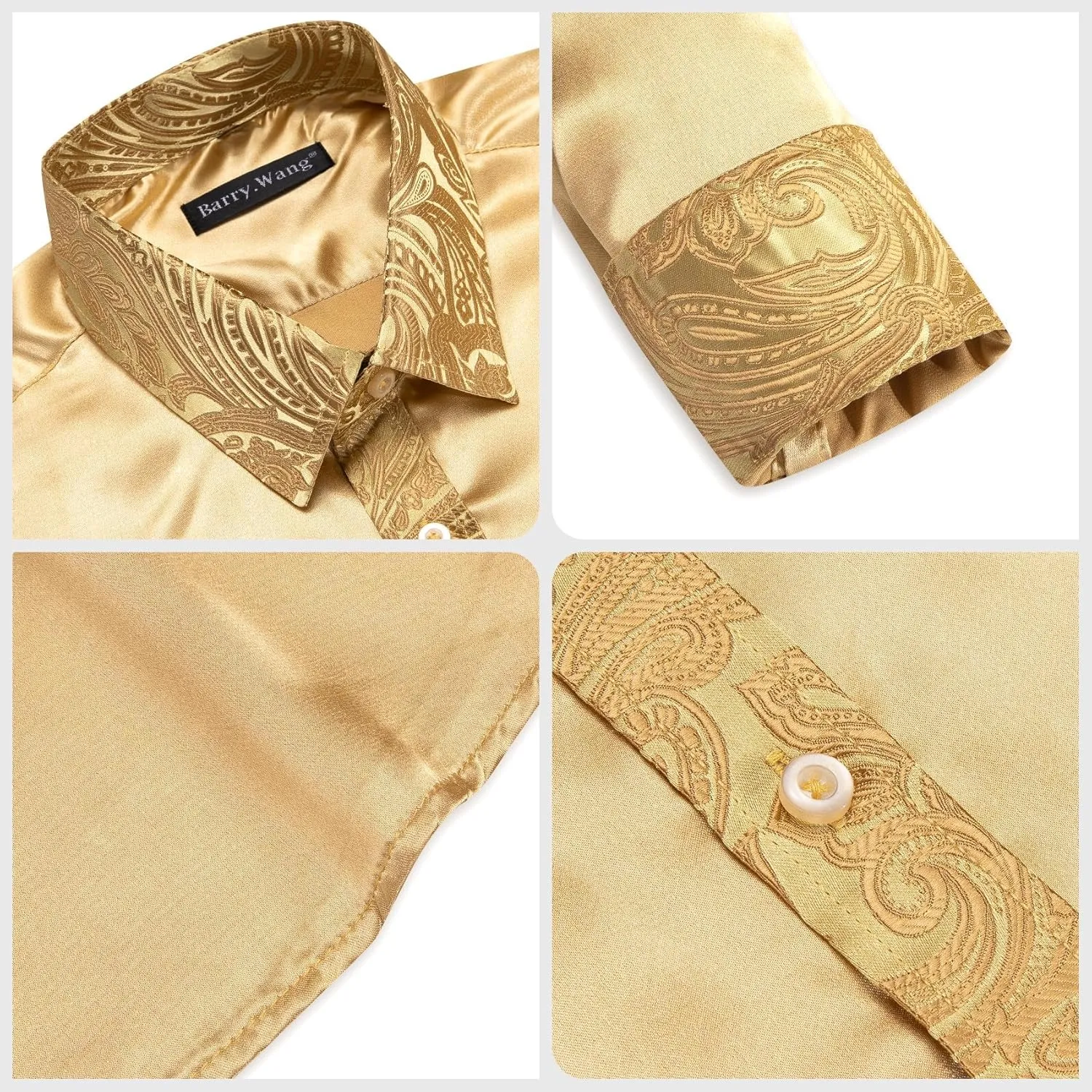 Barry.Wang Mens Satin Silk Shirts Long Sleeve Designer Dress Shirt Shiny Untucked Casual Button Down Shirt Party Disco Formal