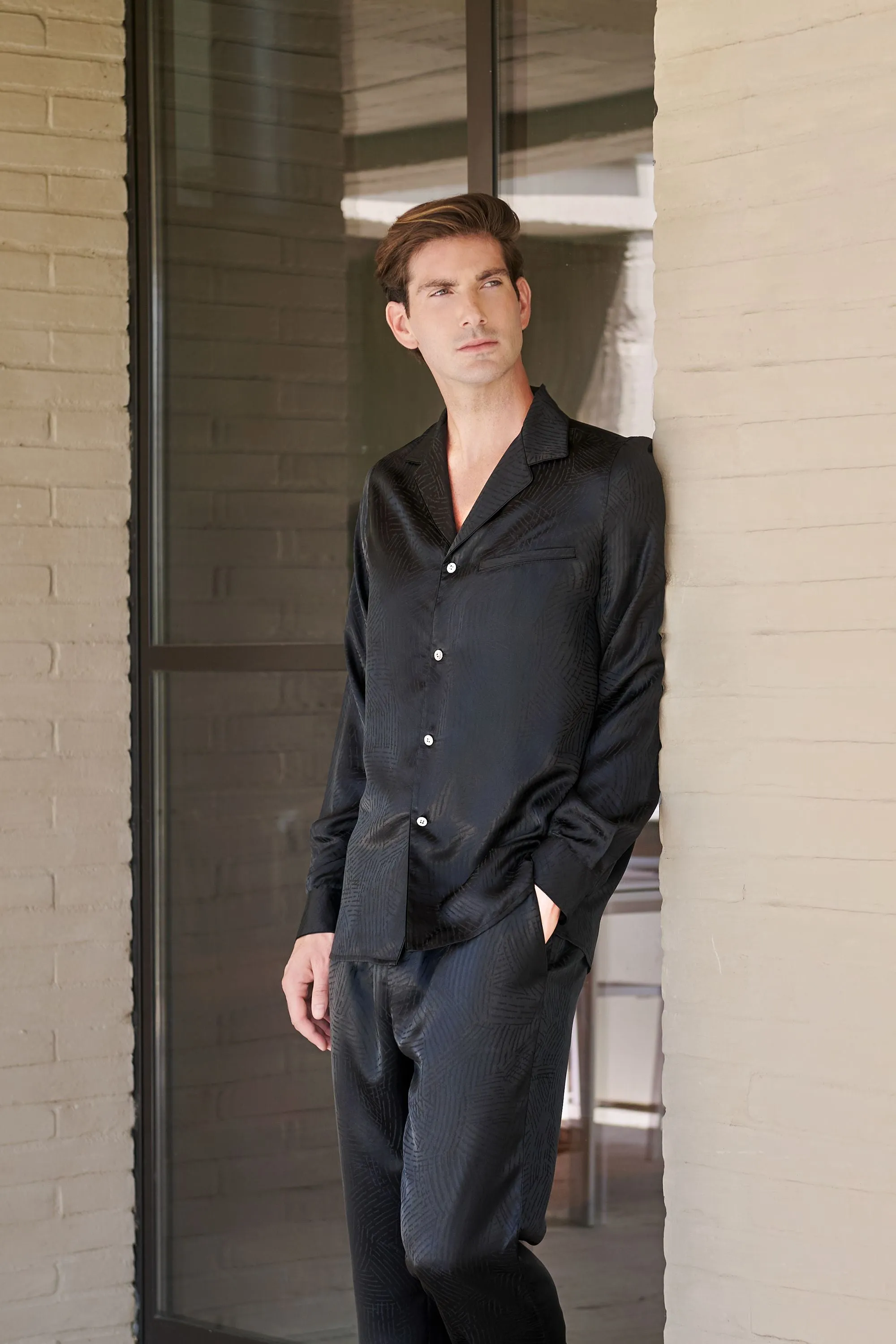 Black Long Sleeve Silk Pyjama Set
