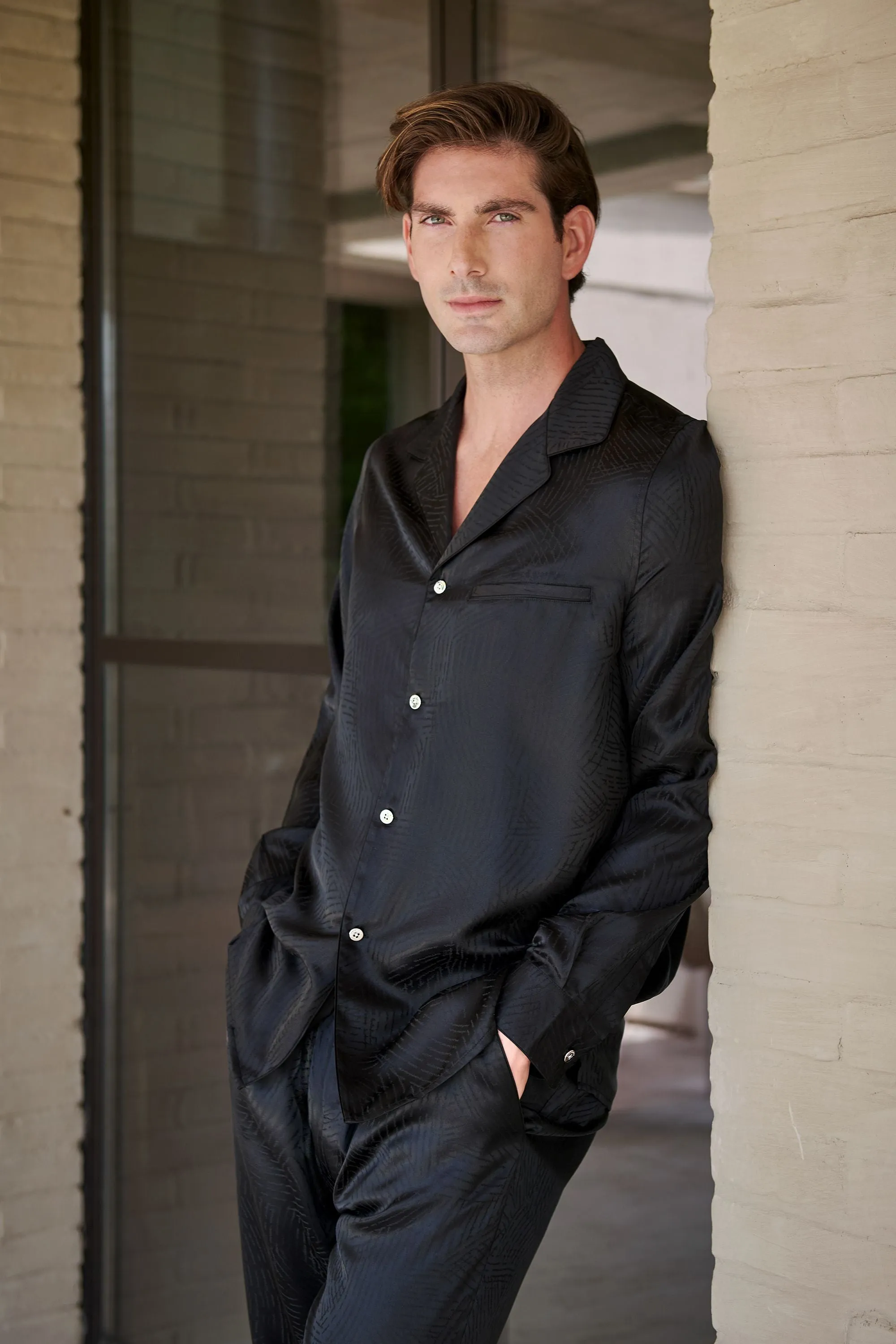 Black Long Sleeve Silk Pyjama Set