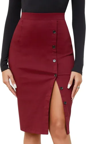Byinns Women's 2025 High Waist Pencil Skirt Button Slit Work Skirts Plaid Business Bodycon Midi Skirt Knee Length