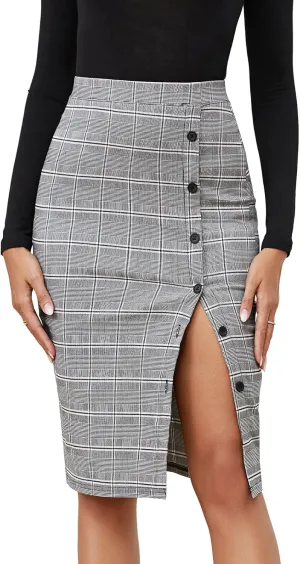 Byinns Women's 2025 High Waist Pencil Skirt Button Slit Work Skirts Plaid Business Bodycon Midi Skirt Knee Length