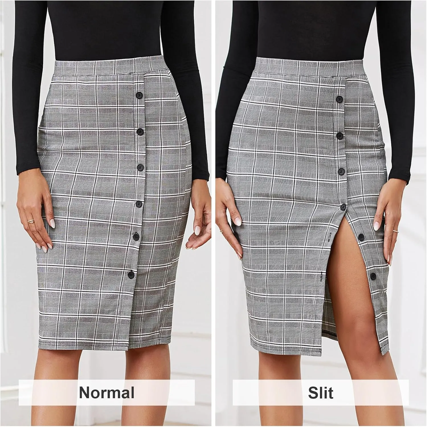 Byinns Women's 2025 High Waist Pencil Skirt Button Slit Work Skirts Plaid Business Bodycon Midi Skirt Knee Length