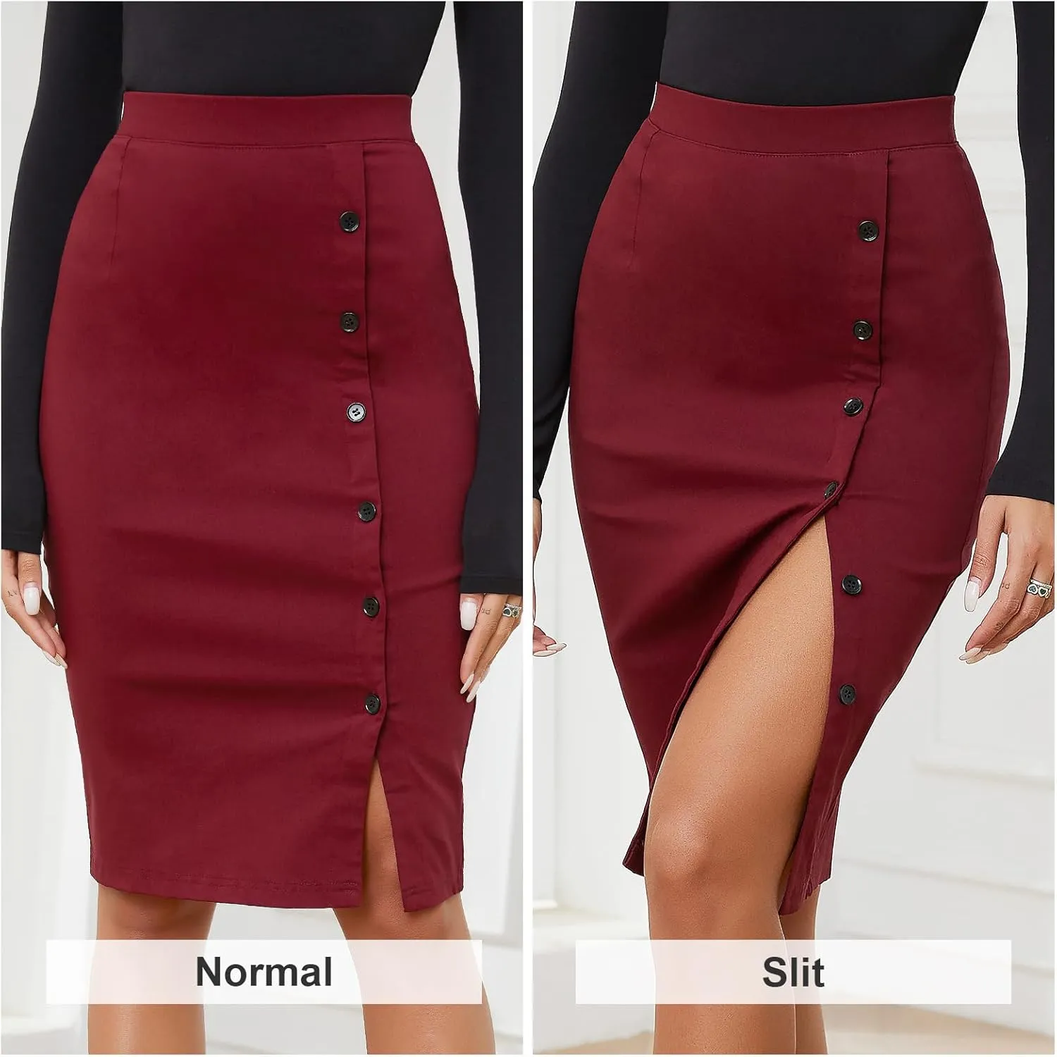 Byinns Women's 2025 High Waist Pencil Skirt Button Slit Work Skirts Plaid Business Bodycon Midi Skirt Knee Length