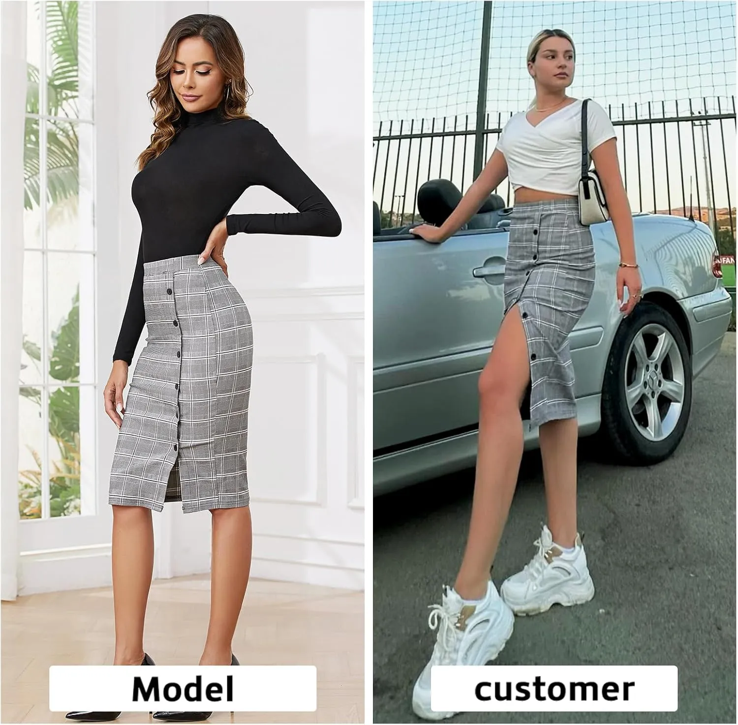 Byinns Women's 2025 High Waist Pencil Skirt Button Slit Work Skirts Plaid Business Bodycon Midi Skirt Knee Length