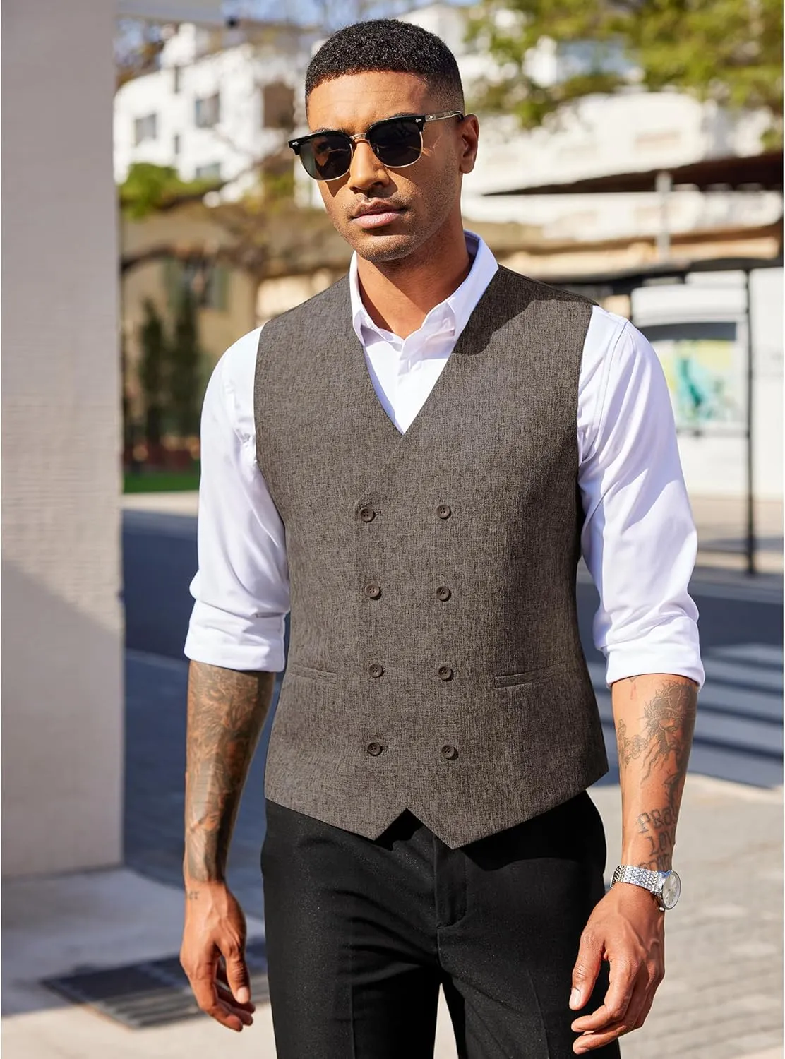COOFANDY Men's Double Breasted Suit Vest Lightweight Waistcoat Slim Fit Dress Vest
