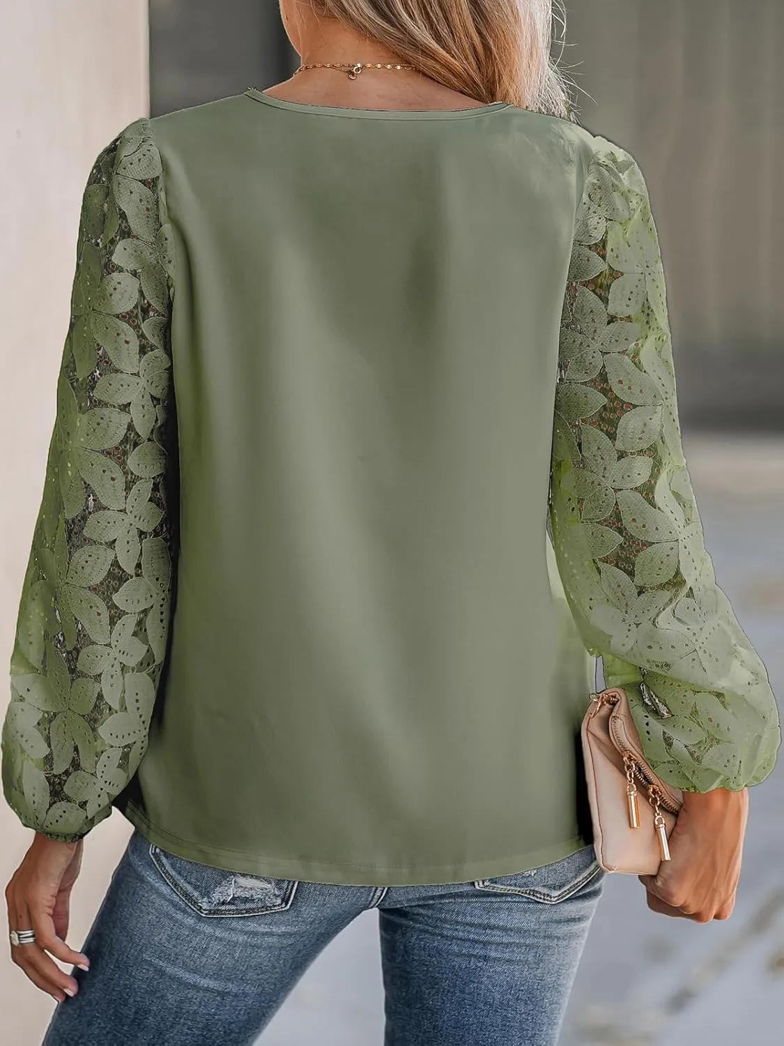 CUPSHE Women Floral Lace Scalloped Top Long Sleeve Shirts V Neck Blouses