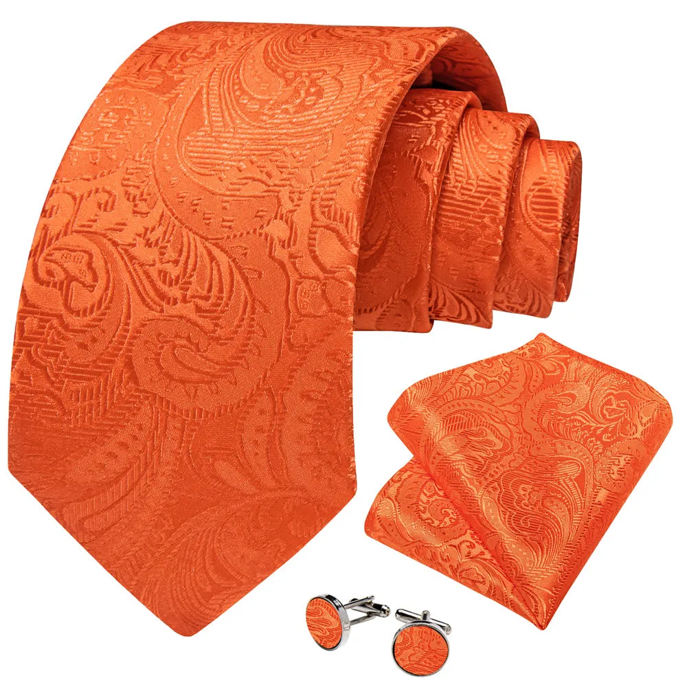 DiBanGu Hot Orange Paisley Silk Mens Tie Pocket Square Cufflinks Set