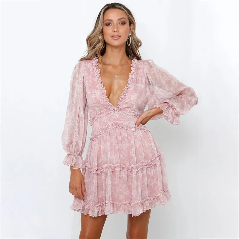 Fashion Short Floral Chiffon Jumpsuit V-neck Cake Skirt