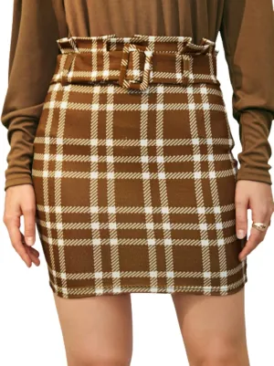 Floerns Women's Plaid Skirt High Waist Belted Bodycon Mini Skirt