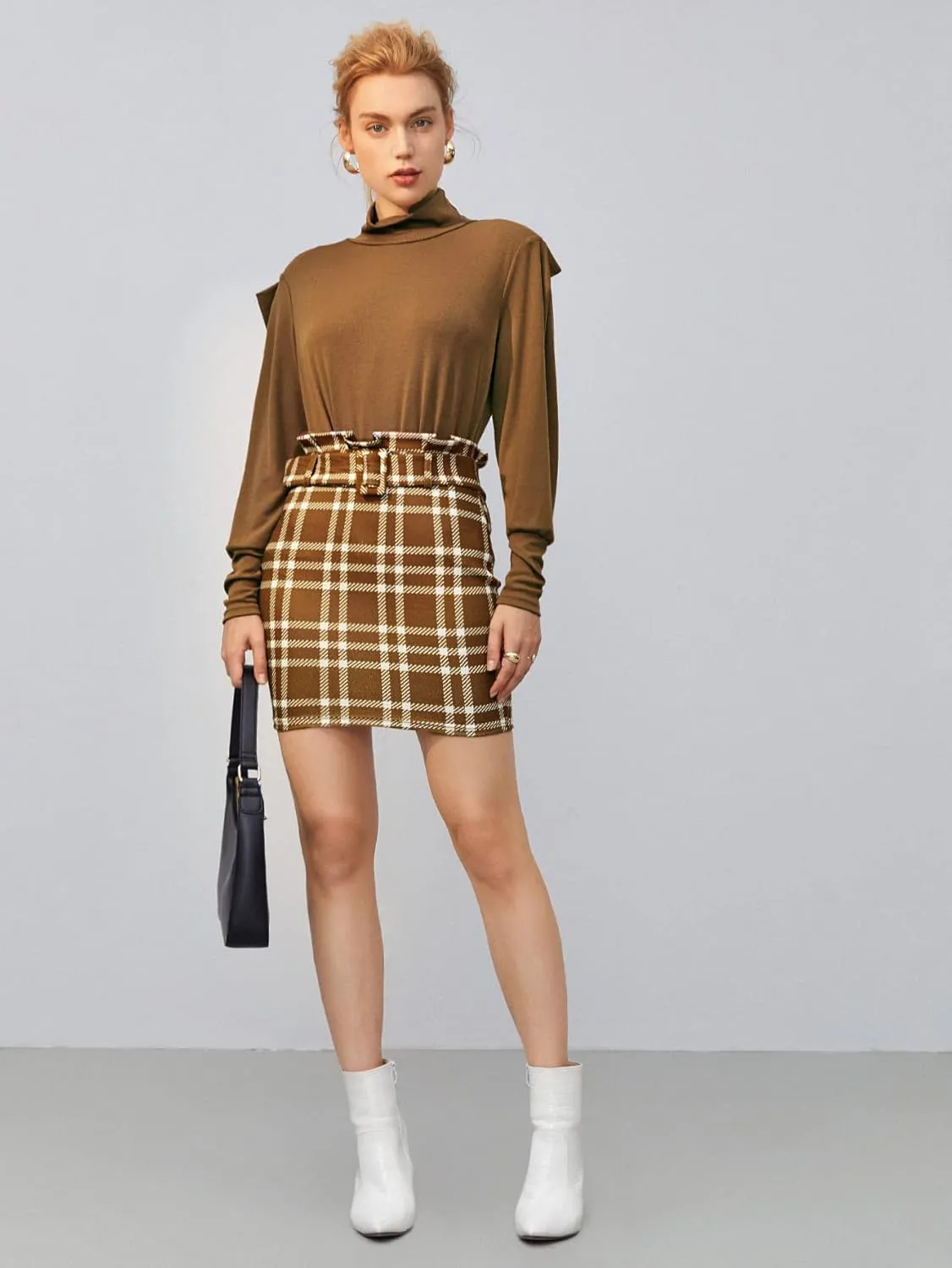 Floerns Women's Plaid Skirt High Waist Belted Bodycon Mini Skirt