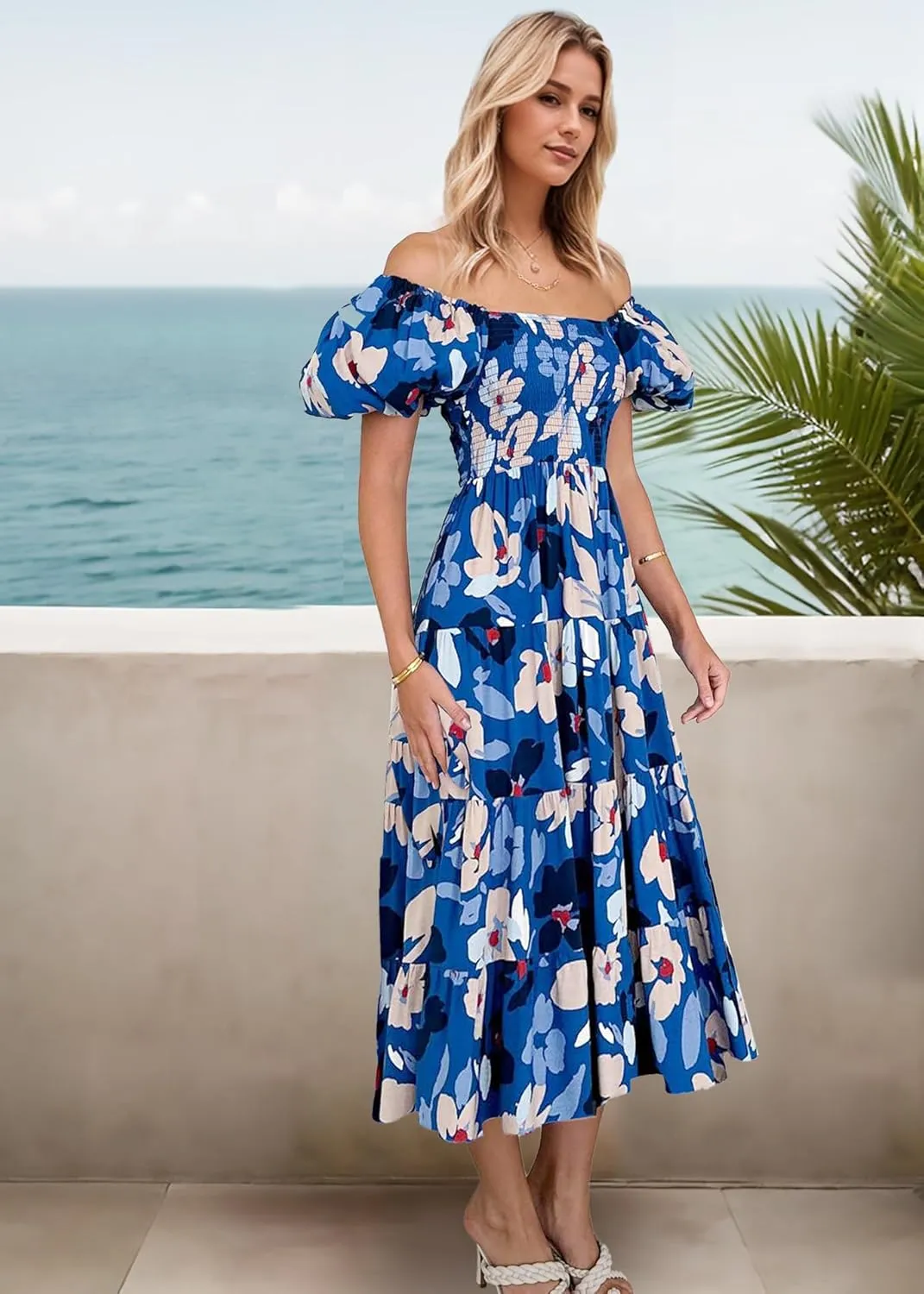 GOLDSTITCH Women's Smocked Maxi Dress Square Neck Ruffle Hem Puffy Short Sleeve Flowy Midi Dress