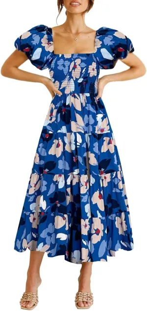 GOLDSTITCH Women's Smocked Maxi Dress Square Neck Ruffle Hem Puffy Short Sleeve Flowy Midi Dress