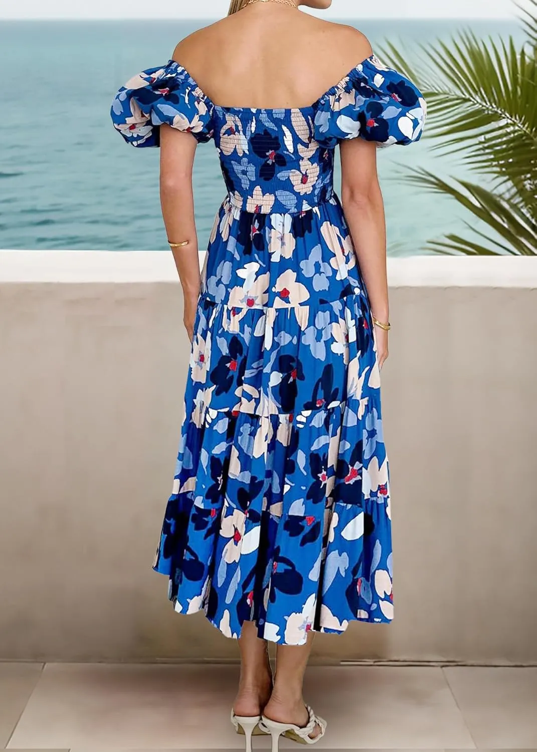 GOLDSTITCH Women's Smocked Maxi Dress Square Neck Ruffle Hem Puffy Short Sleeve Flowy Midi Dress