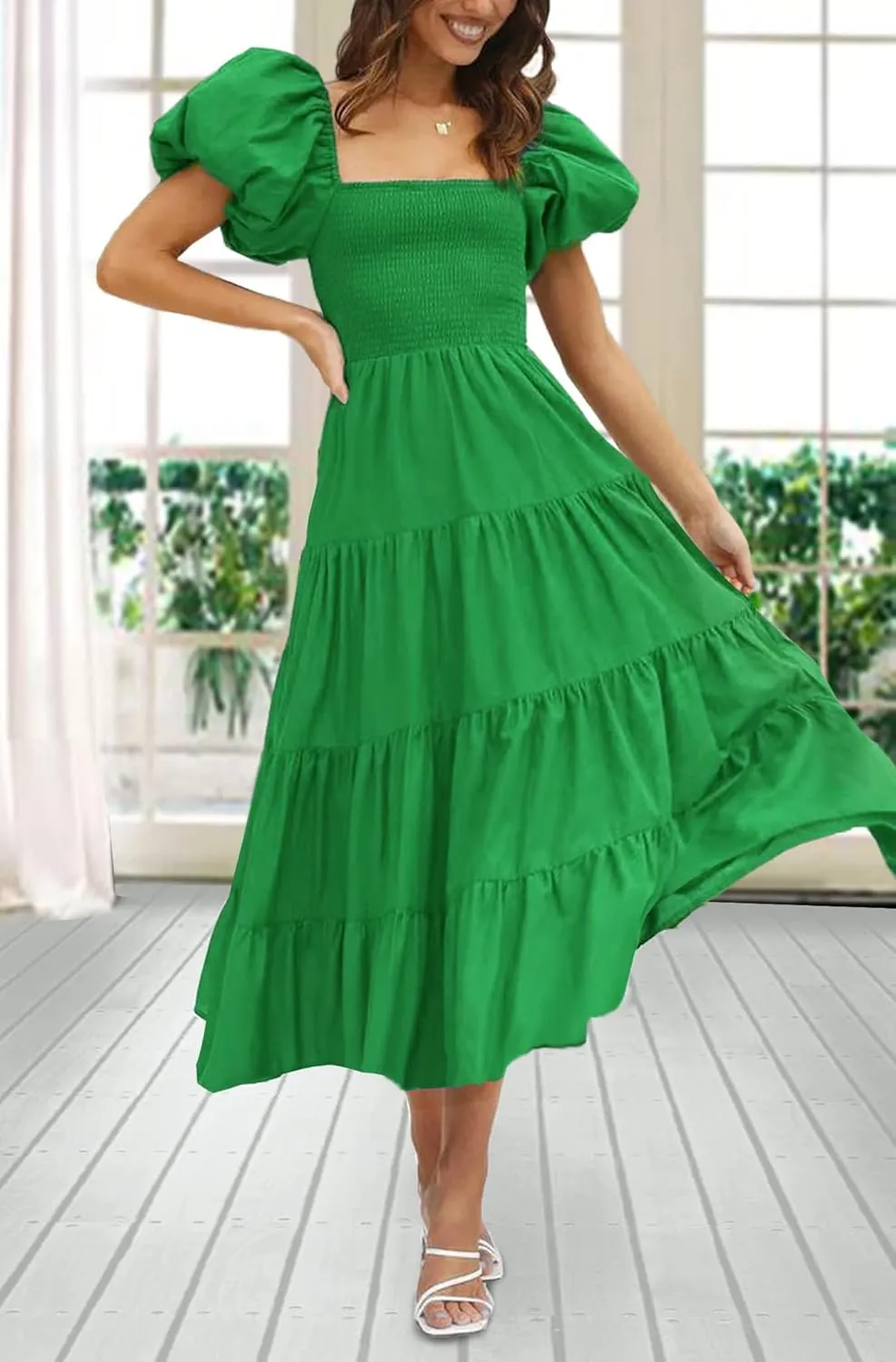 GOLDSTITCH Women's Smocked Maxi Dress Square Neck Ruffle Hem Puffy Short Sleeve Flowy Midi Dress
