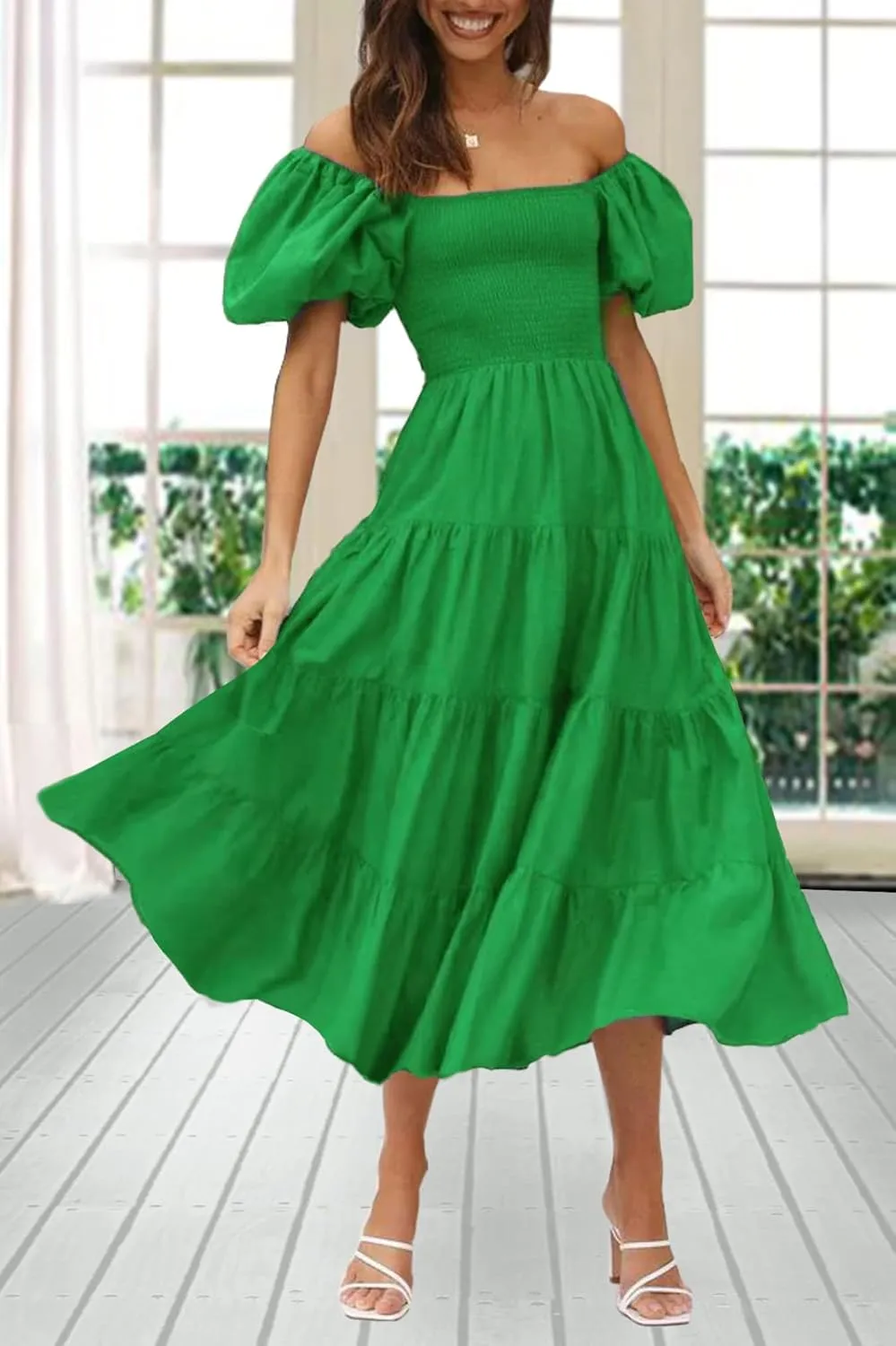 GOLDSTITCH Women's Smocked Maxi Dress Square Neck Ruffle Hem Puffy Short Sleeve Flowy Midi Dress