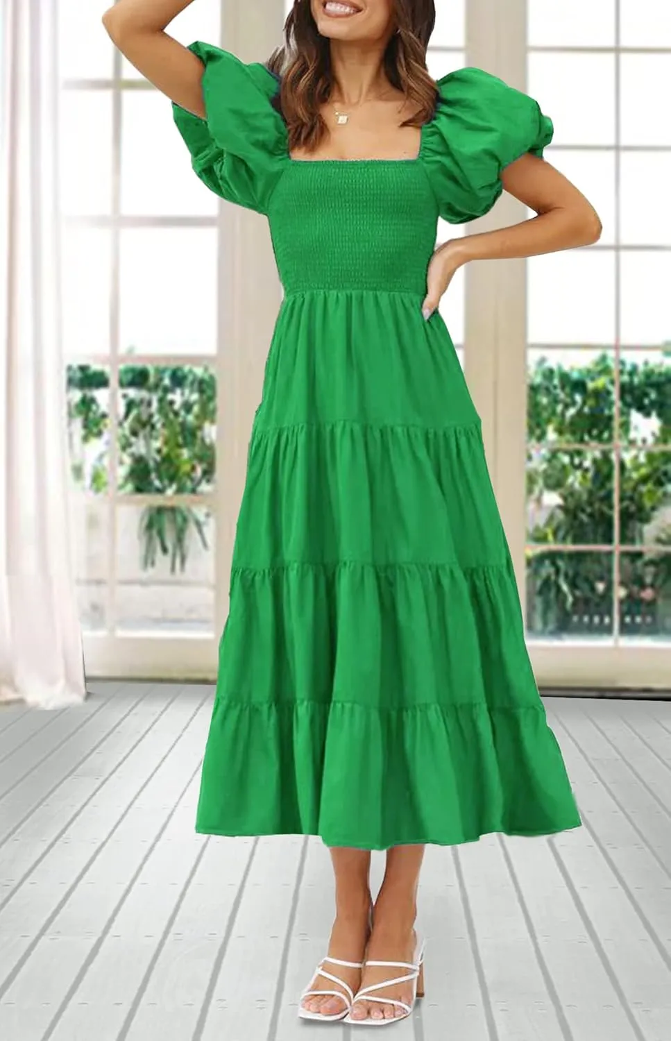 GOLDSTITCH Women's Smocked Maxi Dress Square Neck Ruffle Hem Puffy Short Sleeve Flowy Midi Dress