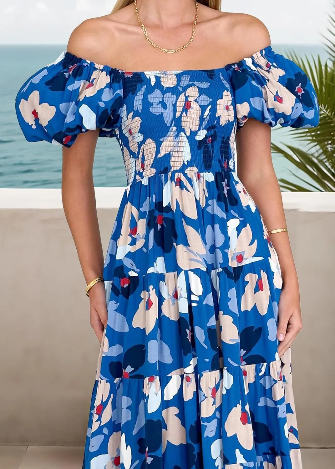 GOLDSTITCH Women's Smocked Maxi Dress Square Neck Ruffle Hem Puffy Short Sleeve Flowy Midi Dress
