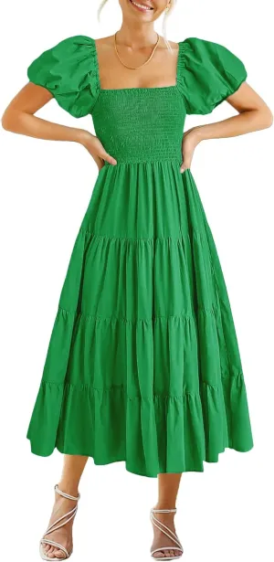 GOLDSTITCH Women's Smocked Maxi Dress Square Neck Ruffle Hem Puffy Short Sleeve Flowy Midi Dress