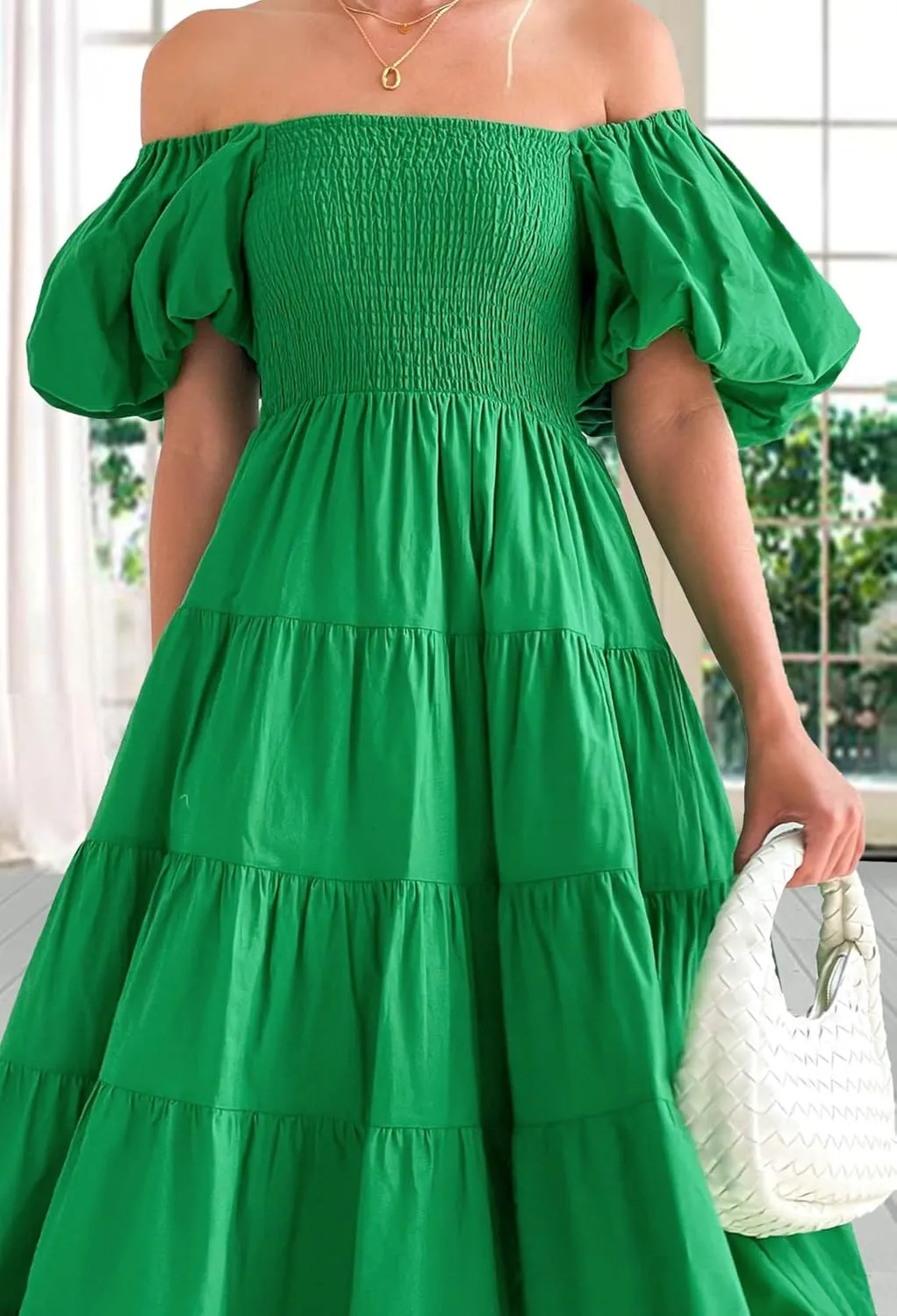 GOLDSTITCH Women's Smocked Maxi Dress Square Neck Ruffle Hem Puffy Short Sleeve Flowy Midi Dress