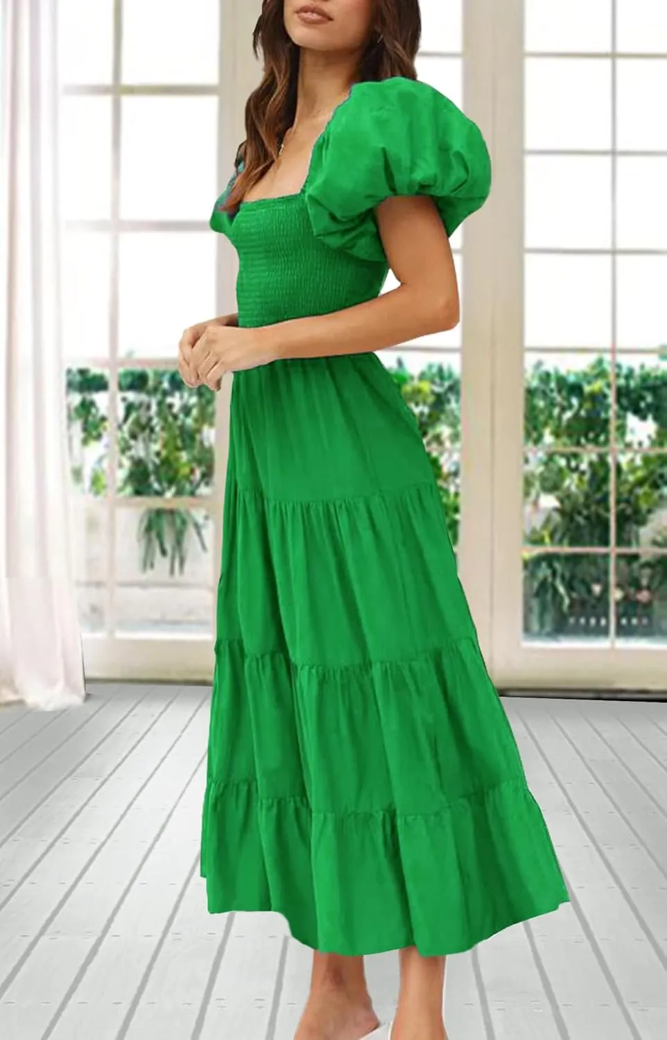 GOLDSTITCH Women's Smocked Maxi Dress Square Neck Ruffle Hem Puffy Short Sleeve Flowy Midi Dress