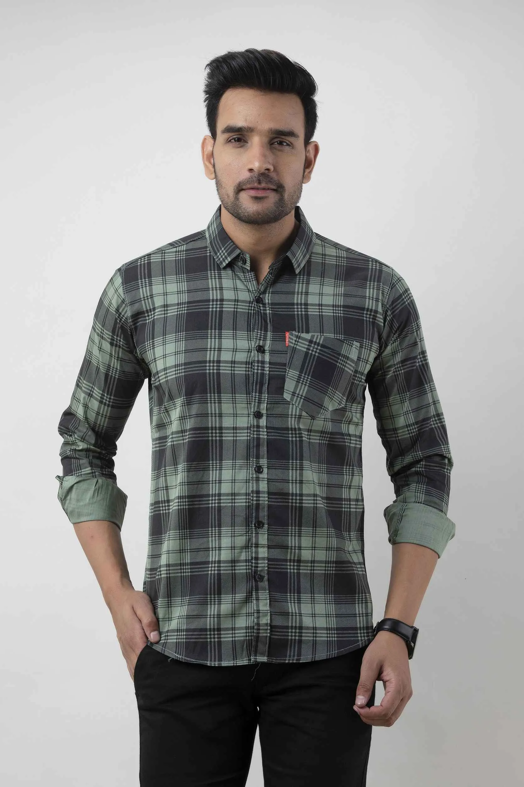 Green Checkered Pure Cotton Formal Shirt