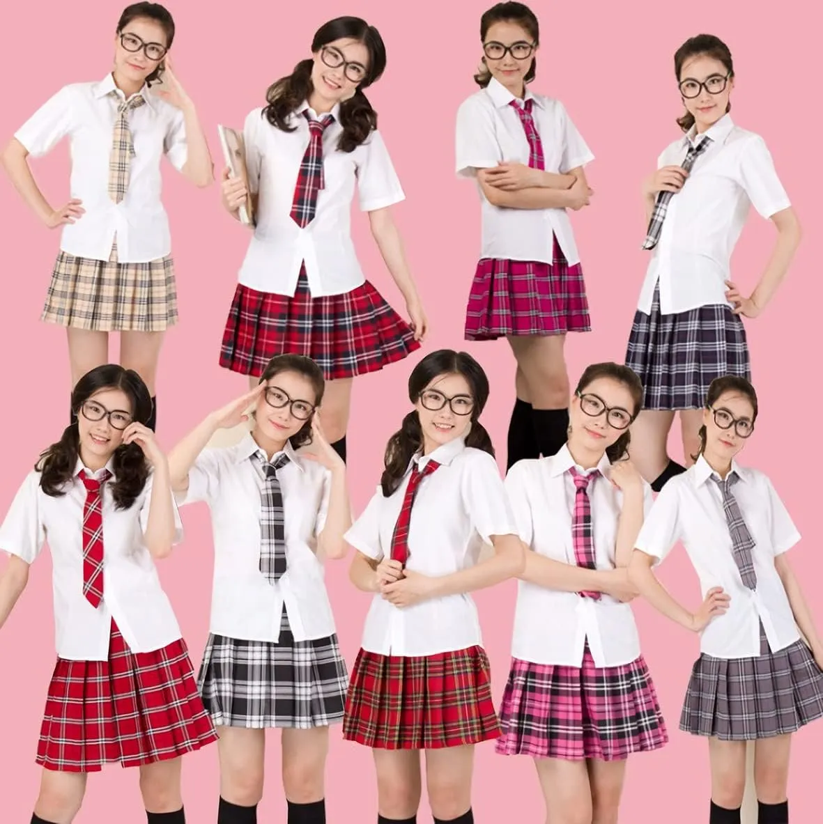 Japanese Tartan Pleated School Uniform Cosplay Costumes with Socks Eyeglass Frame Set