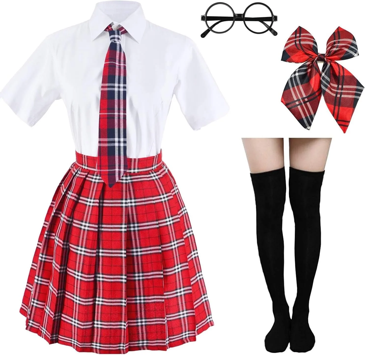 Japanese Tartan Pleated School Uniform Cosplay Costumes with Socks Eyeglass Frame Set