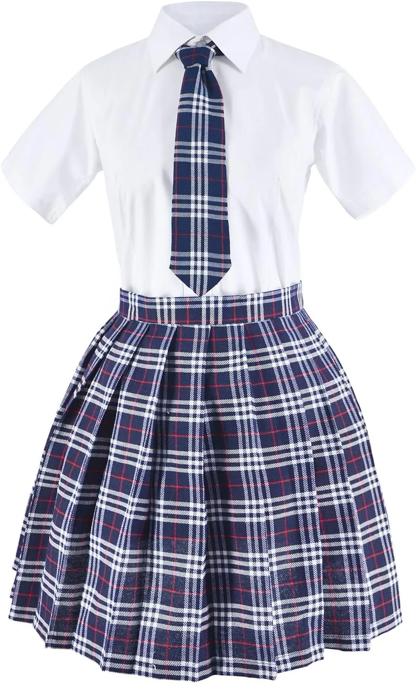 Japanese Tartan Pleated School Uniform Cosplay Costumes with Socks Eyeglass Frame Set