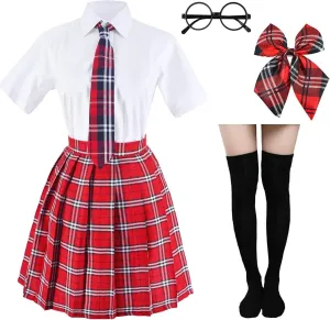 Japanese Tartan Pleated School Uniform Cosplay Costumes with Socks Eyeglass Frame Set