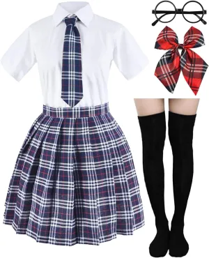 Japanese Tartan Pleated School Uniform Cosplay Costumes with Socks Eyeglass Frame Set