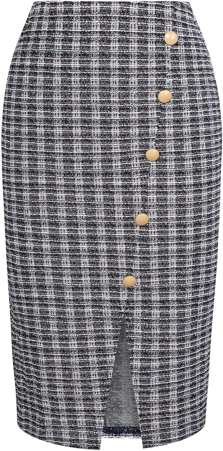 Kate Kasin Women Tweed Plaid Skirt Fall Stretchy High Waisted Midi Pencil Skirts with Slit 2024