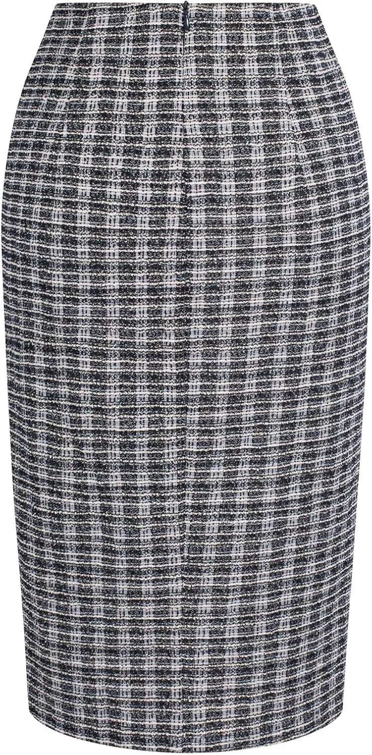 Kate Kasin Women Tweed Plaid Skirt Fall Stretchy High Waisted Midi Pencil Skirts with Slit 2024